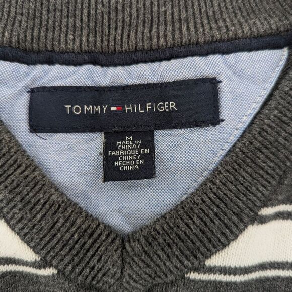 Tommy Hilfiger 100% Cotton Gray Striped V-Neck Pullover Sweater Size Medium - Picture 2 of 6